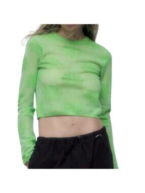 Zara Crop Top Small Mesh Floral Metallic Long Sleeve Crewneck Green Modern Y2K